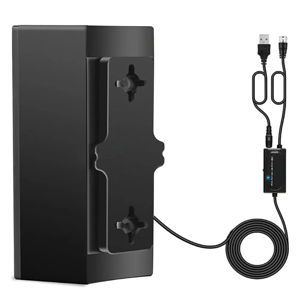 Black plastic digital television antenna with mounting accessories for home HD reception