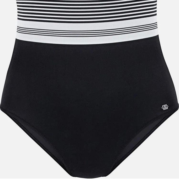 Black striped one-piece swimsuit for women, nylon, sizes S M L, adult female swimwear