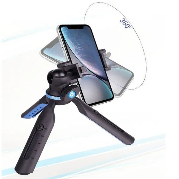 Black desktop tripod holding a mobile phone, showing adjustable bracket and plastic-aluminium construction