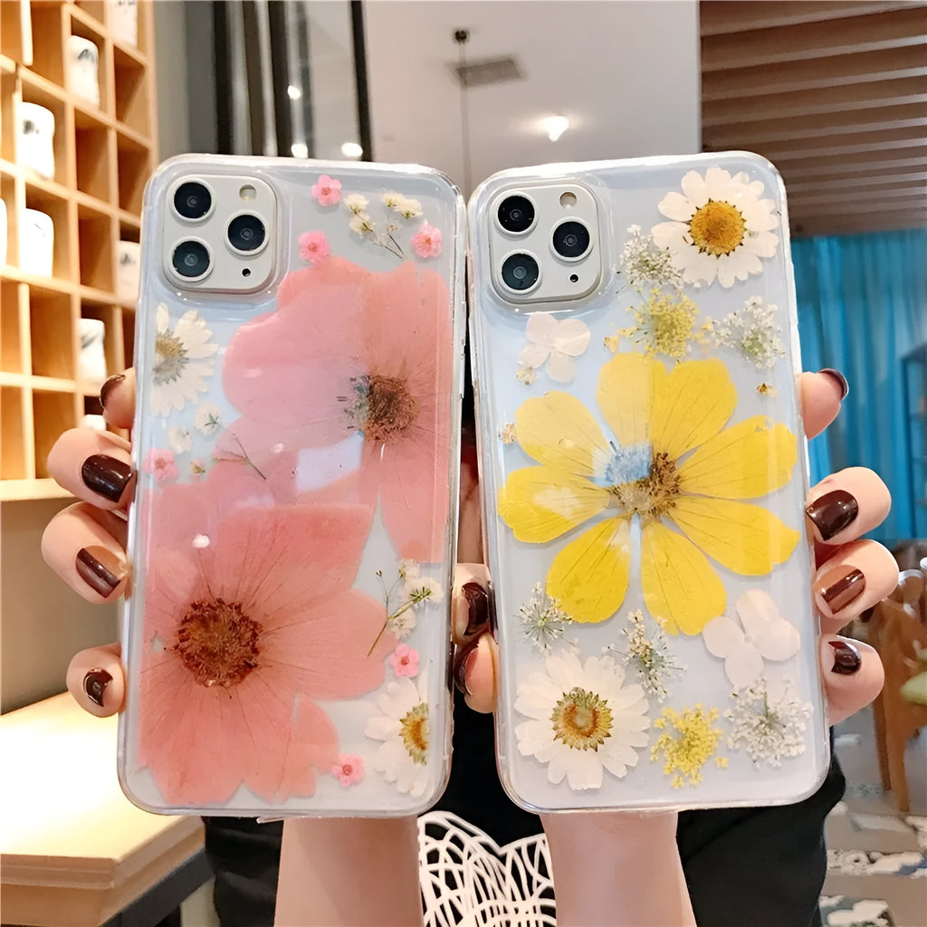 Floral TPU phone case with large pink and yellow flower designs for iPhone