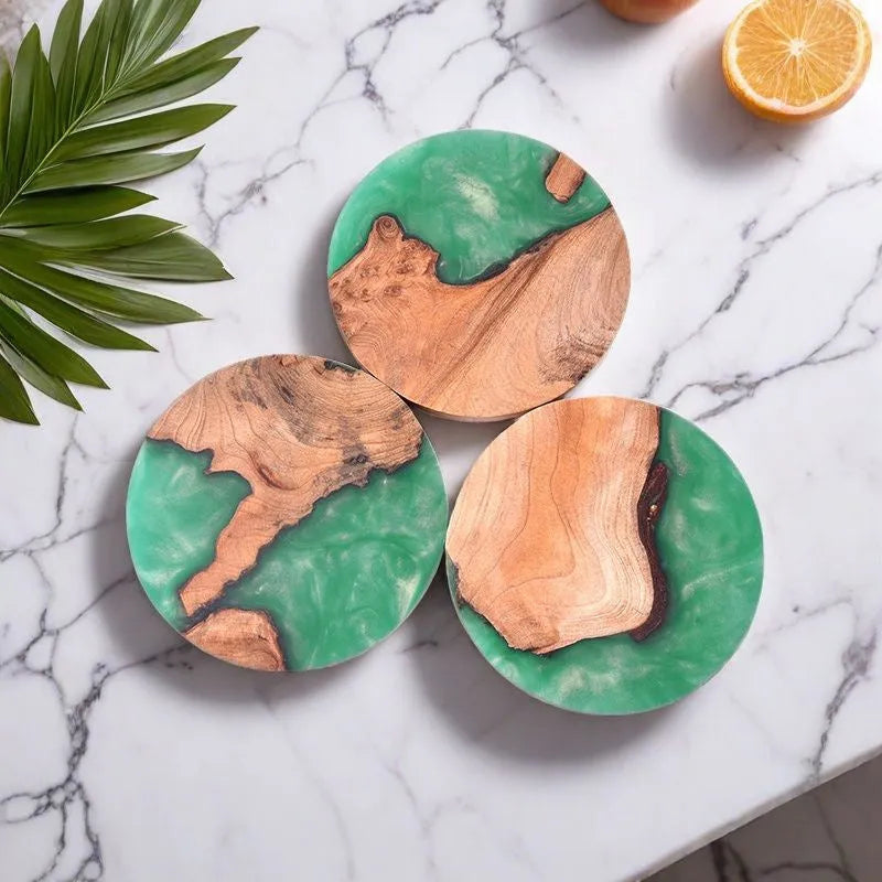 Nordic style wooden resin coaster in solid colour with tumour pattern.