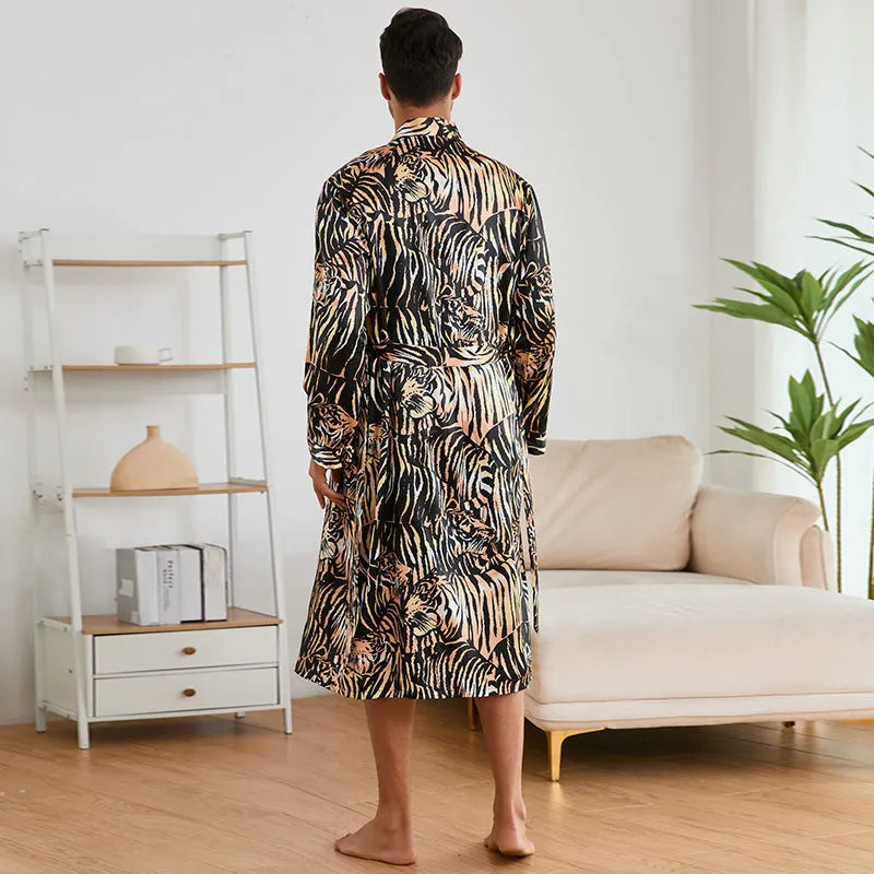 Men's tiger pattern bathrobe set with matching shorts in lightweight ice silk fabric