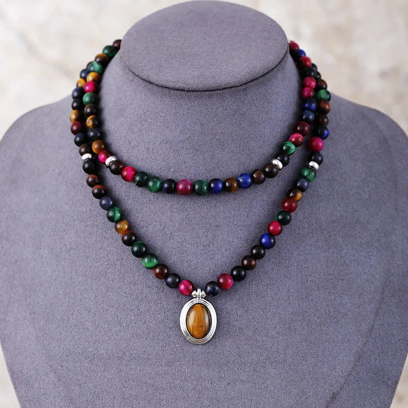 Colour tiger-eye natural stone necklace and bracelet set with wings, crown, infinite symbol, and heart-shaped pendants on ball bead chain