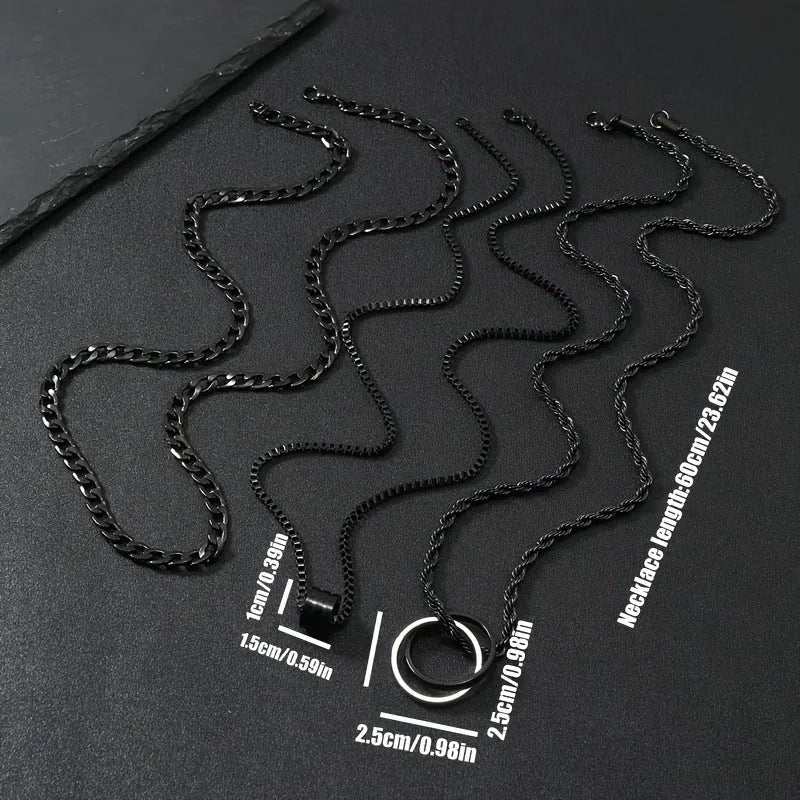 Men's black stainless steel necklace set with geometric titanium steel pendant and ring buckle.
