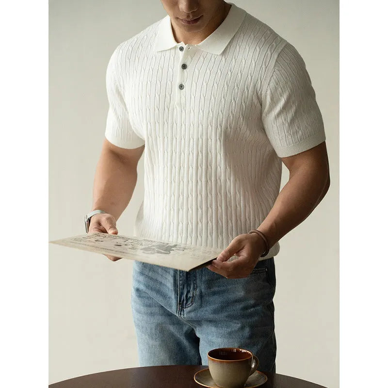 Men's khaki short sleeve business casual top on a hanger