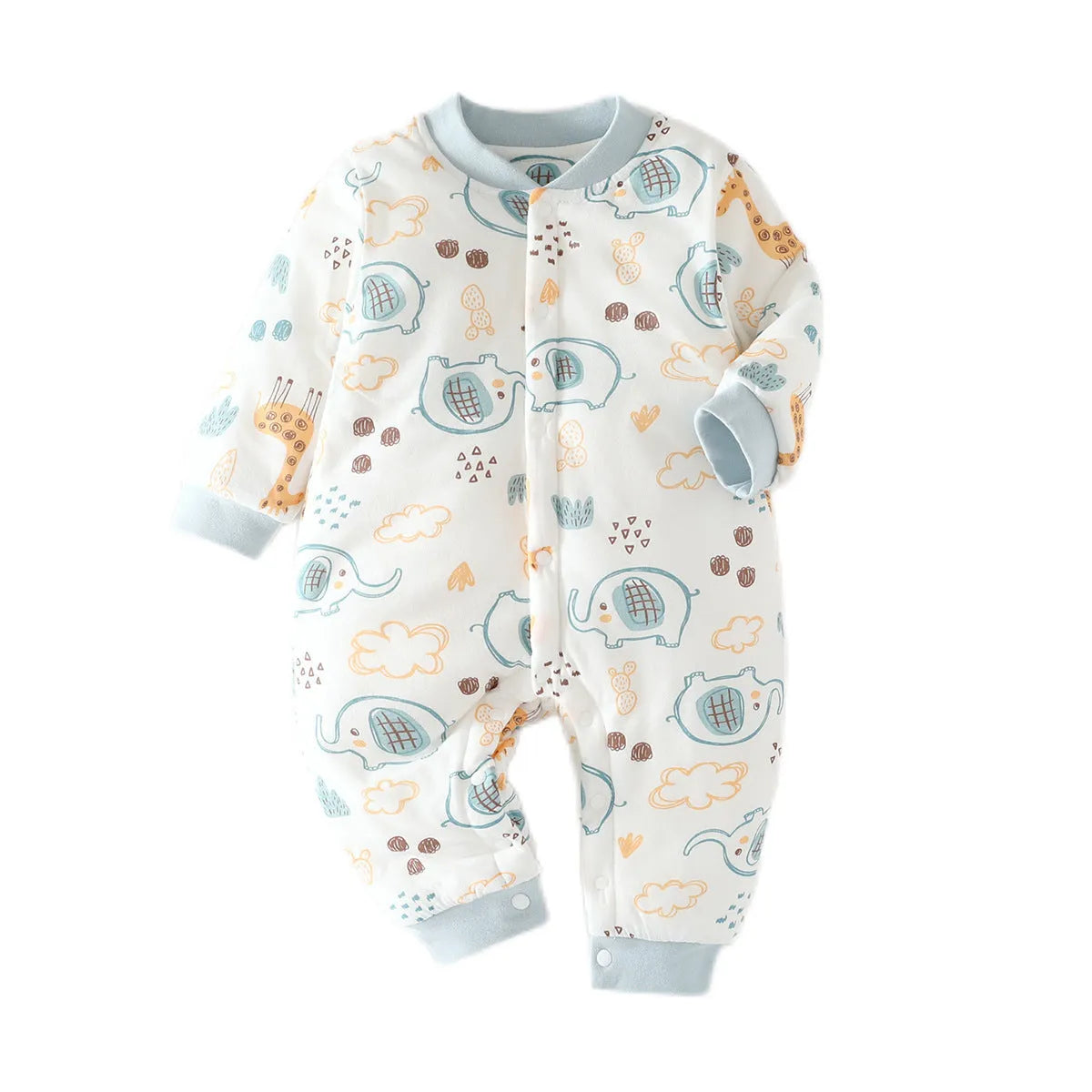 Infant one-piece romper in cotton with closed crotch, long sleeves, and animal-themed colours.