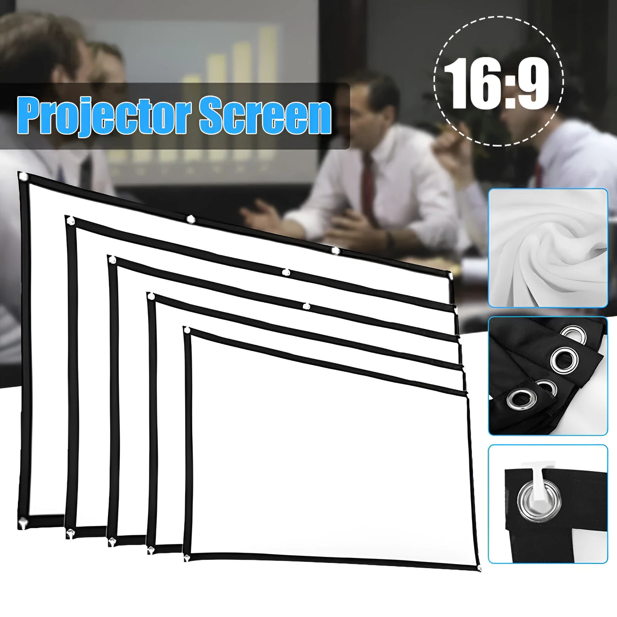 White foldable 16:9 projector screen in 60-150 inch sizes with hooks and 360 x 260mm packing size