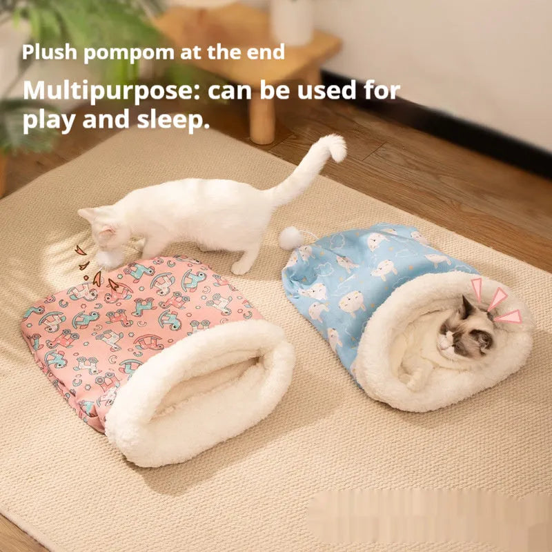 Blue rabbit print flannel cat sleeping bag nest pet bed measuring 50 by 40 centimetres