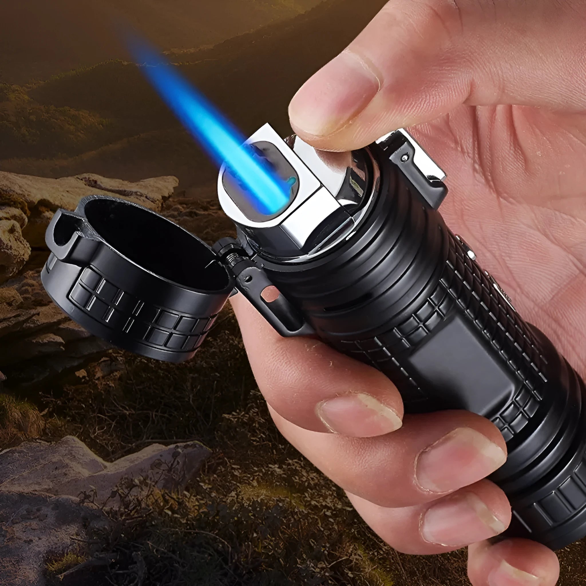 TH727 multi-function waterproof flashlight lighter in metal construction showing five colour options