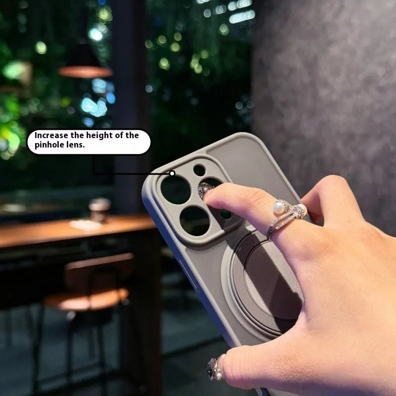 Transparent frost finish magnetic phone case with fold-away pivot bracket for iPhone models