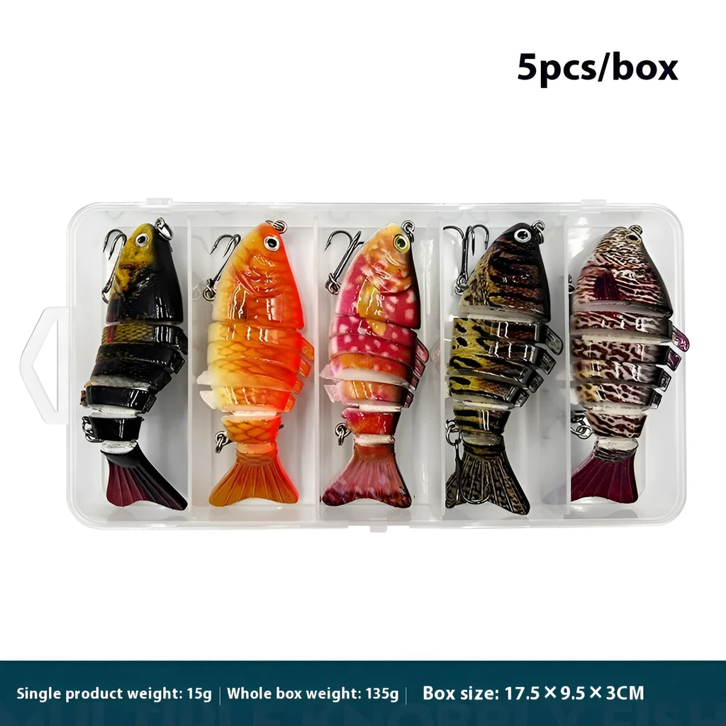 Multi-section metal plastic submerged simulation fishing lure in a 5-piece box