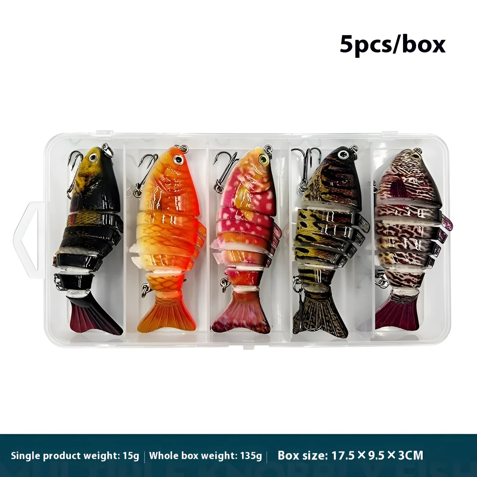 Multi-section metal plastic submerged simulation fishing lure in a 5-piece box
