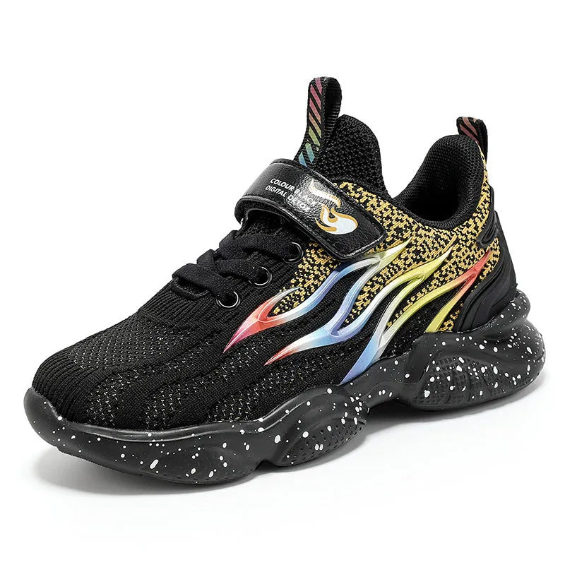Boys fashion sneakers with mesh textile upper and rubber sole in beige, black gold, or black red