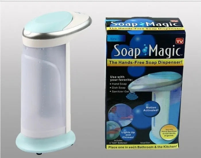 Black automatic sensor-operated liquid soap dispenser with 400ml capacity on a bathroom counter.