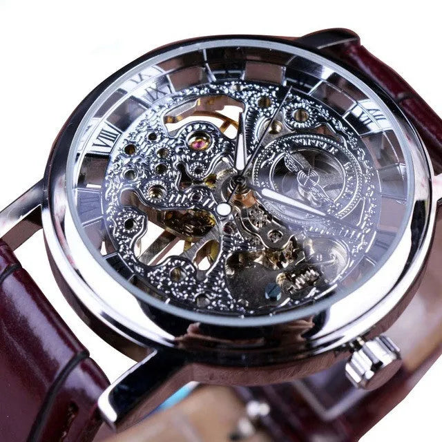 Men's automatic mechanical watch with 4cm dial and leather strap on a grey background