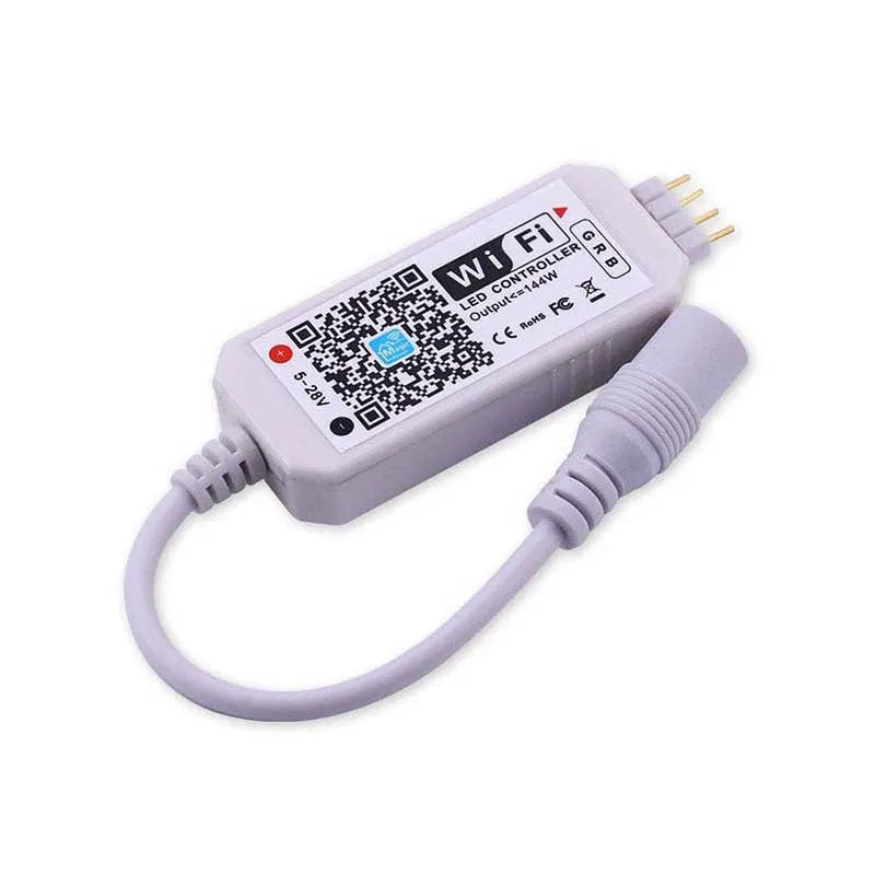 White WiFi RGB LED strip controller with Magic Home Pro app compatibility for smartphone lighting control