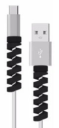 Plastic charging cable protector, 3.5cm long, shown in multiple colour options.