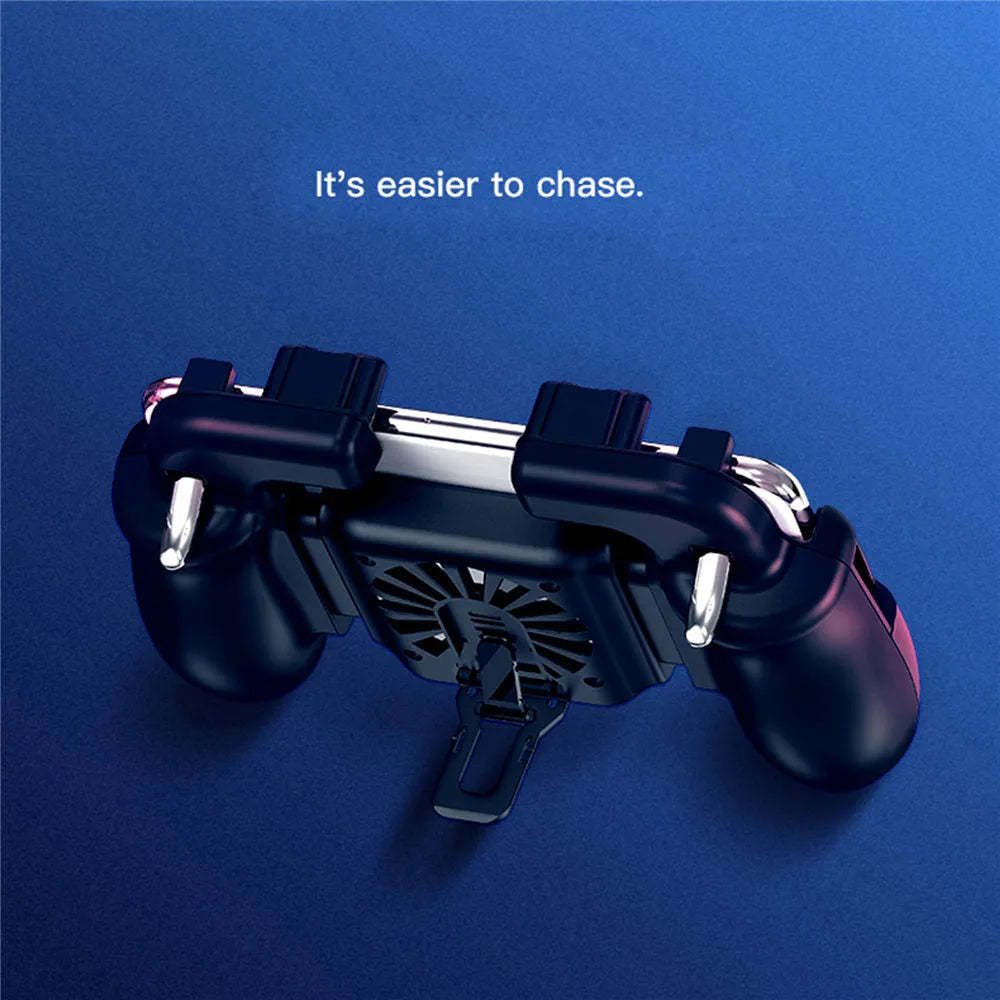 SR Cooling Handle gaming controller with rear trigger and adjustable bracket holding a phone