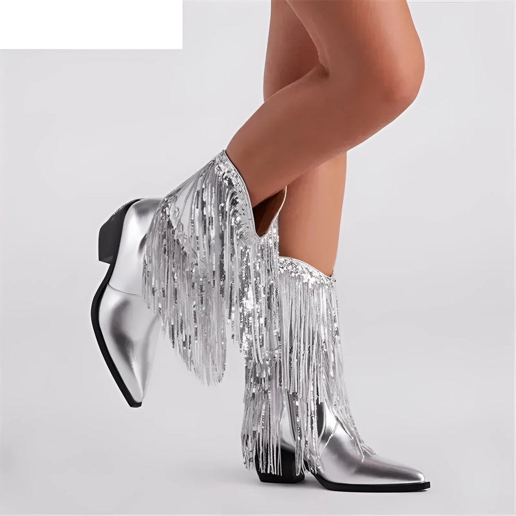Women's black chunky heel tassel boots with high stiletto heels and a pointed toe on a white background.