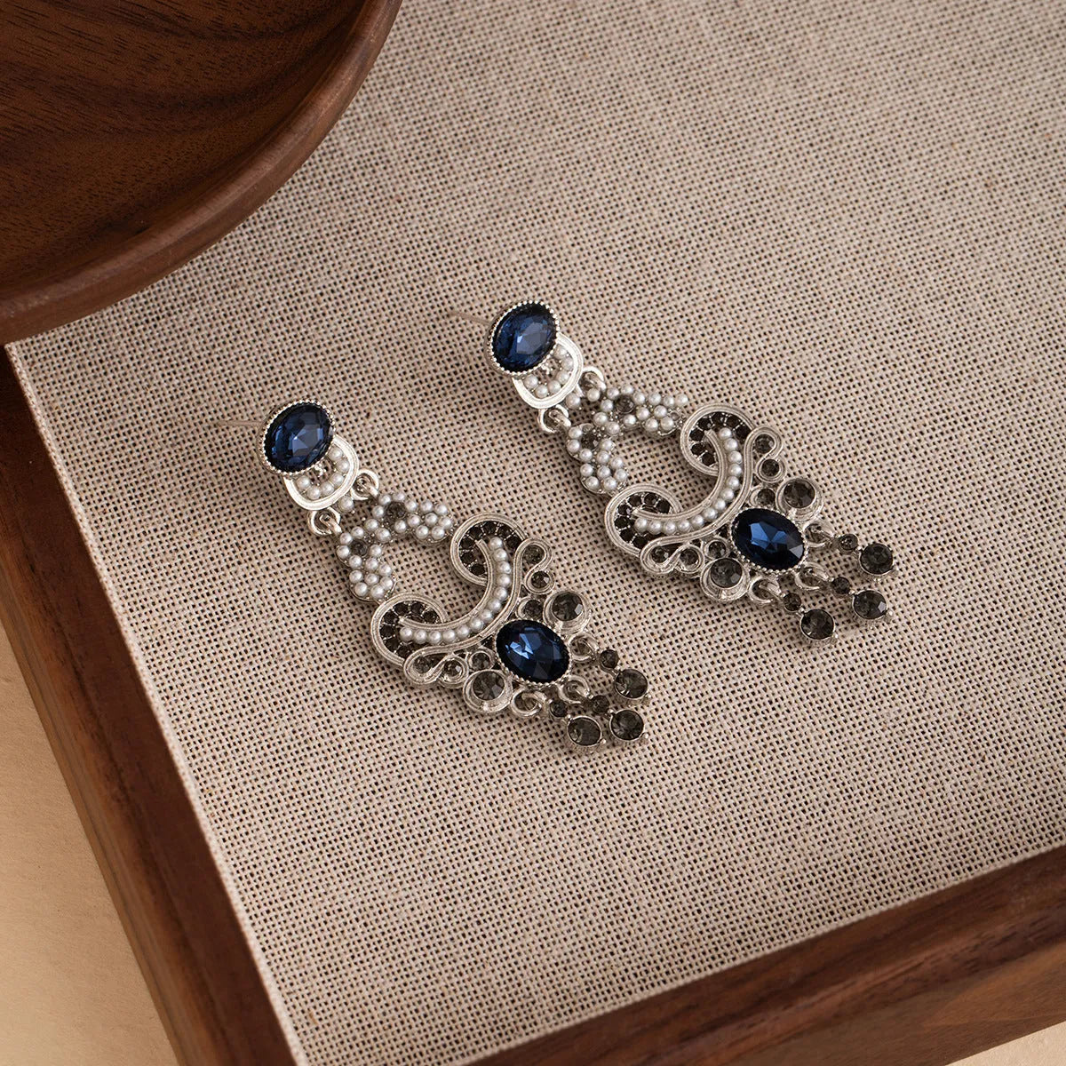 Pair of geometric retro earrings with chamfered square cubic zirconia in atmospheric blue, electroplated zinc alloy setting