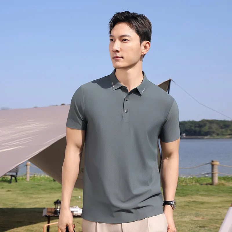 Ice silk cotton short sleeve polo shirt in solid colour, sizes S to 5XL for men and women