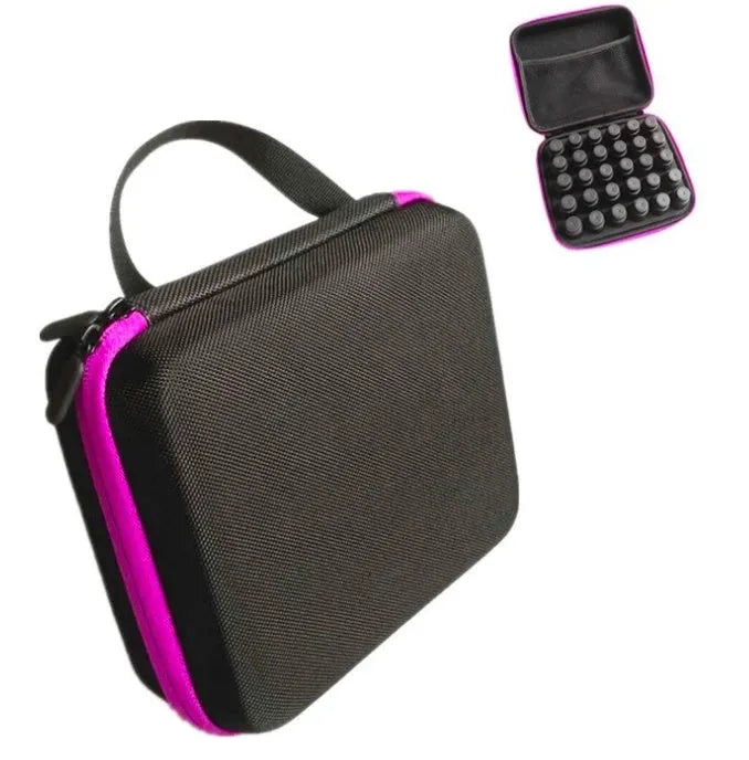 Red EVA essential oil storage bag with 30 compartments and a zipper, mounted on a wall.