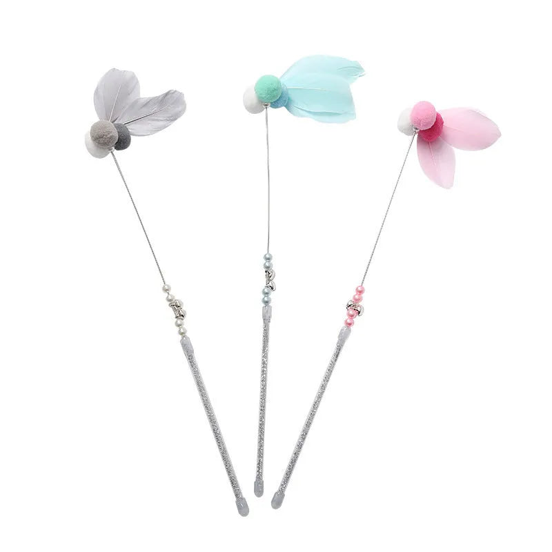 Funny cat stick with plush goldfish head, steel wire wand, plastic handle, 35cm long, grey blue or pink