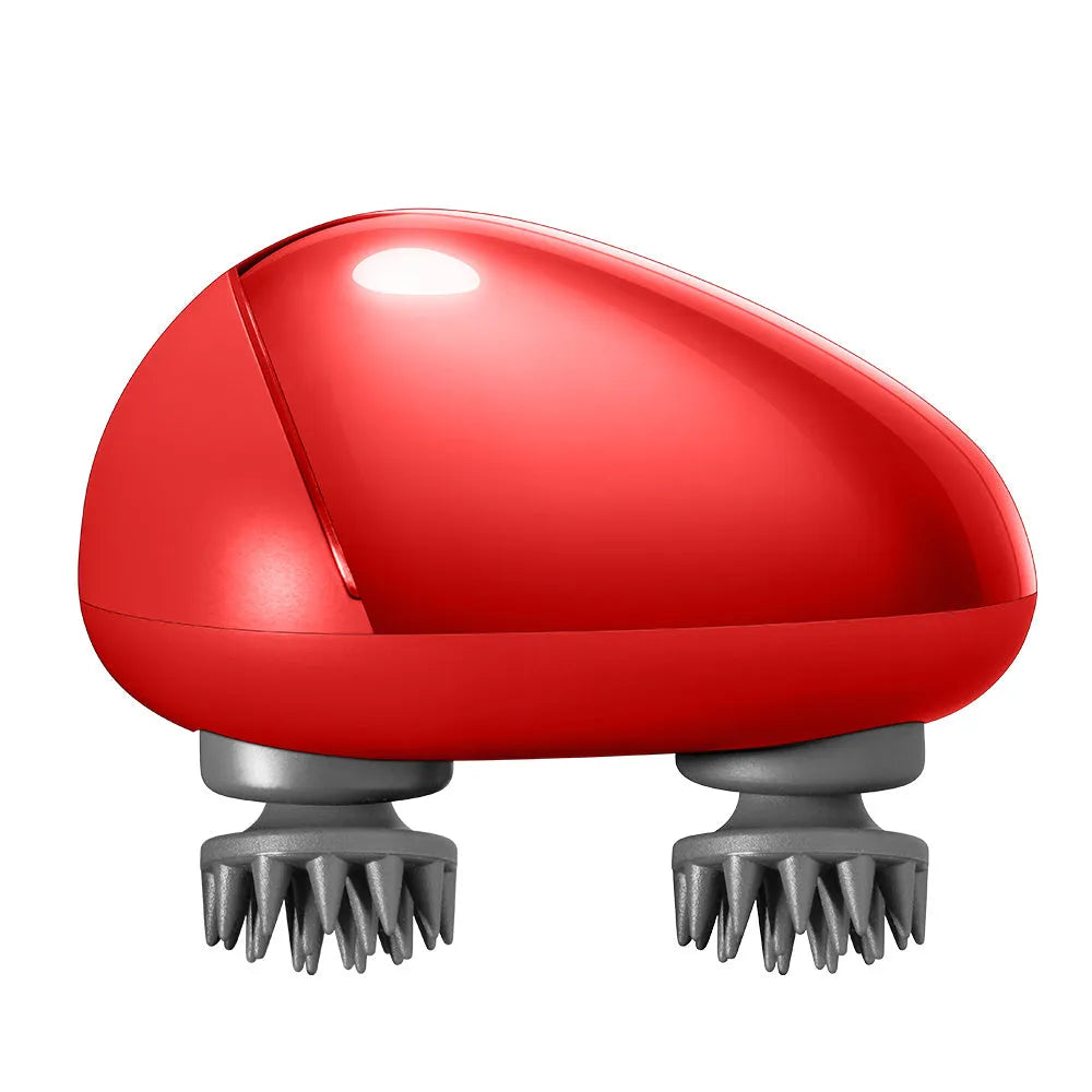 Red electric scalp massager with kneading heads showing compact 110mm x 120mm x 82mm dimensions