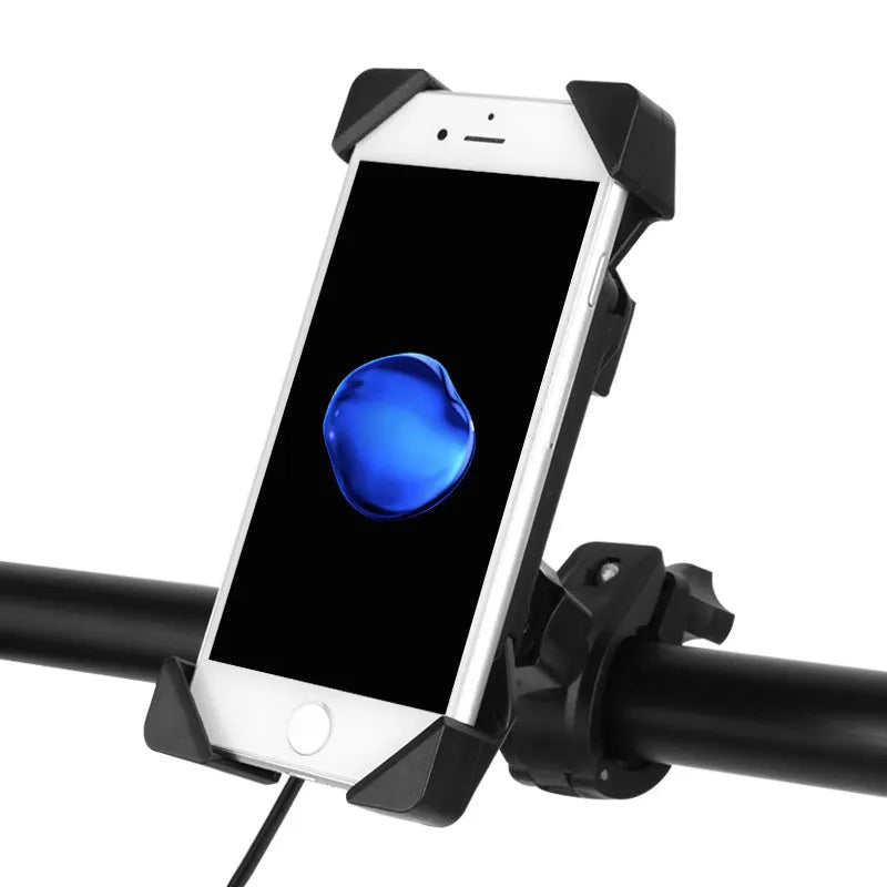 Black ABS motorcycle phone holder mounted on handlebar with adjustable clamp and USB charging cable