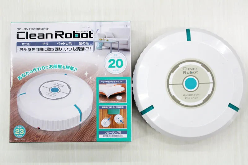 Black or white automatic robot vacuum cleaner with wide cleaning head on wooden floor.