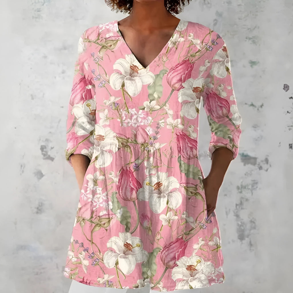 Women's retro-style slim fit long-sleeved top with a printed pattern, shown in a colour option.