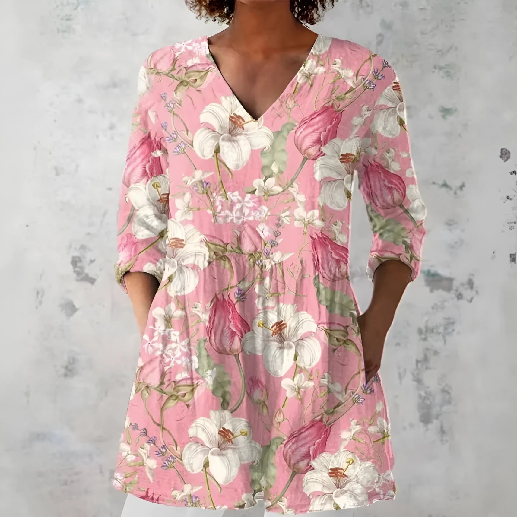 Women's retro-style slim fit long-sleeved top with a printed pattern, shown in a colour option.