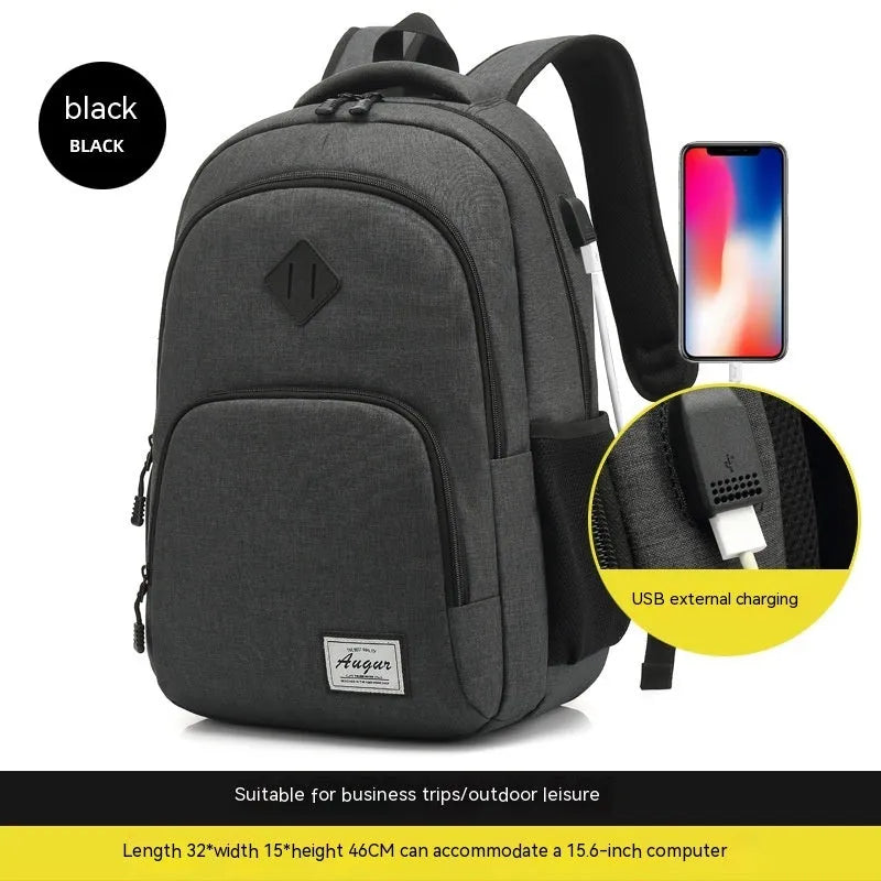 Lightweight nylon backpack with USB charging port in grey colour showing dimensions and trolley case attachment