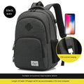 Lightweight nylon backpack with USB charging port in grey colour showing dimensions and trolley case attachment