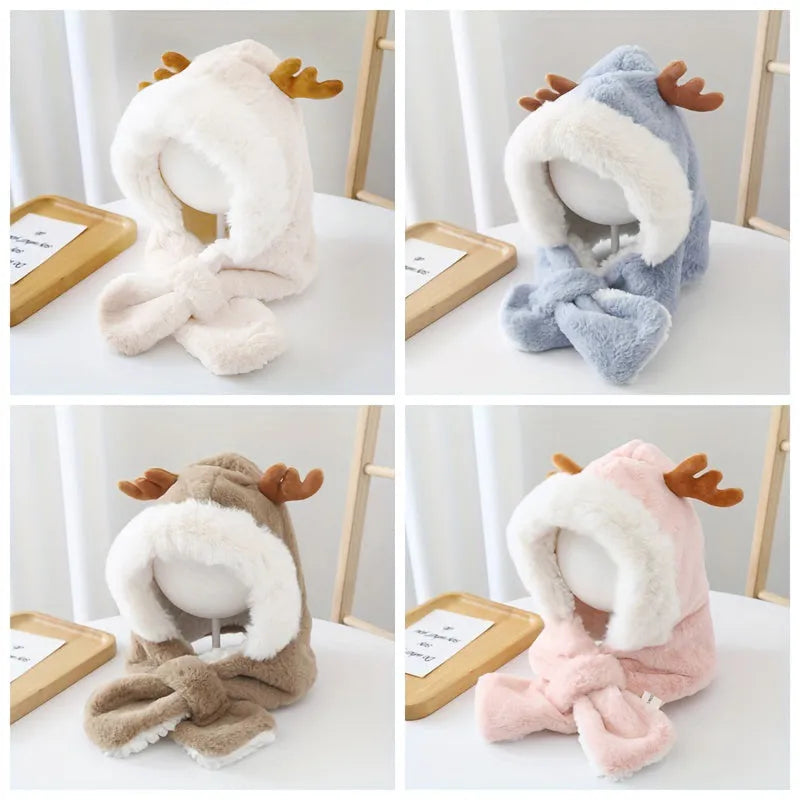 Cute deer plush winter hat with scarf for girls, 44-54cm, in blue, khaki, pink, or white.