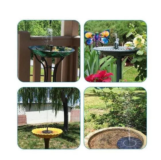 Black solar-powered water fountain pump with four different spray nozzles on a white background