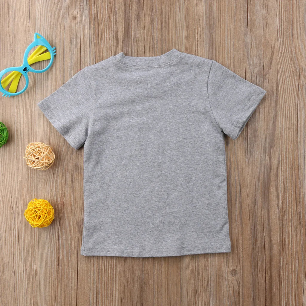 Grey kids cotton t-shirt with printed brother sister designs showing size range from 60cm to 140cm