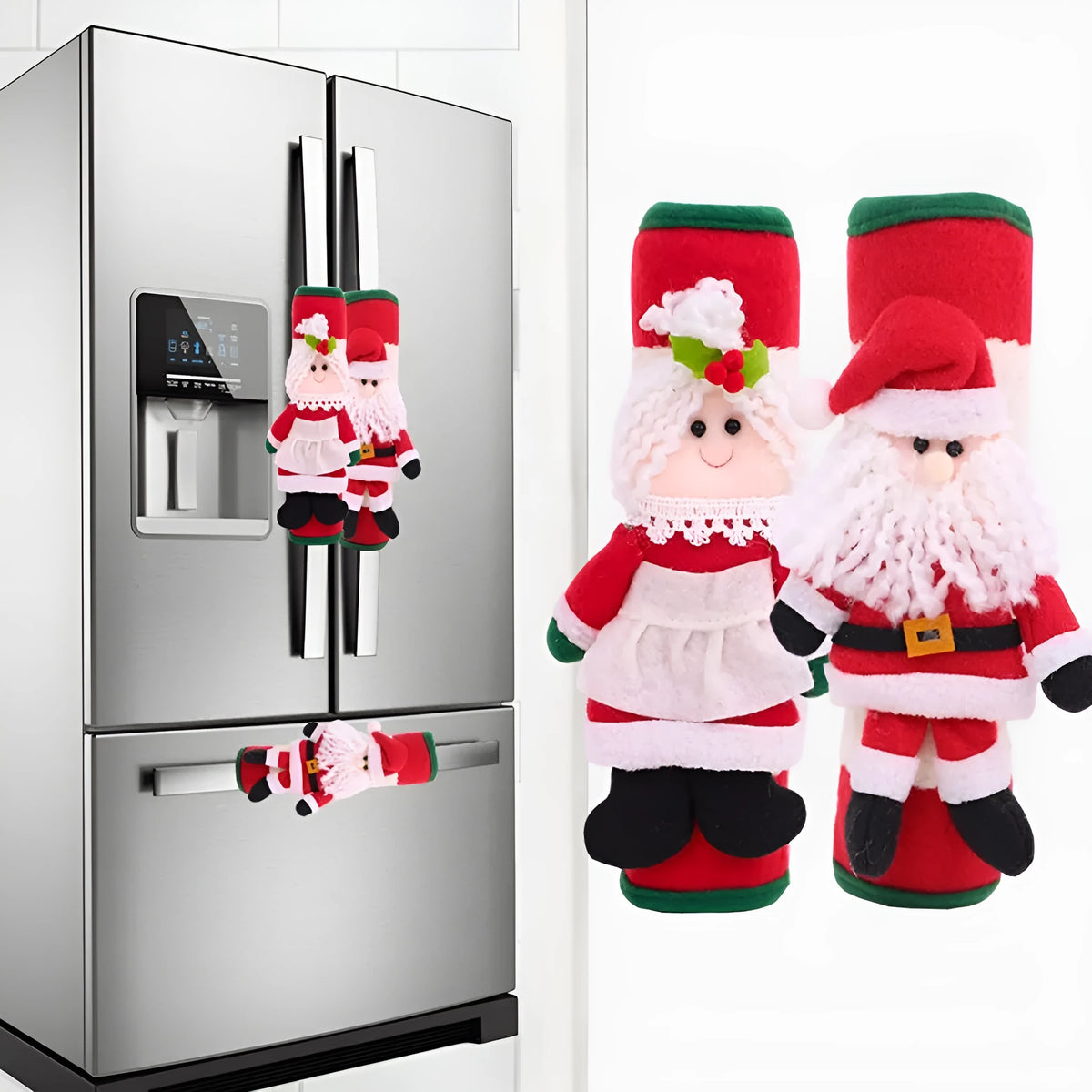 Red cloth Christmas refrigerator glove decoration, two refrigerator sets, 23x15cm, festive fridge accessory.