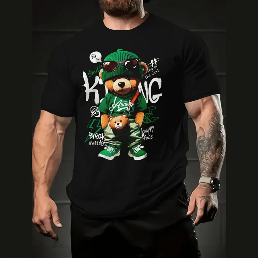 Men's loose-fit casual shirt with cartoon 3D print design in linen fabric, showing short sleeves and relaxed fit