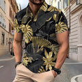 Men's gold tropical plant pattern printed short sleeve shirt