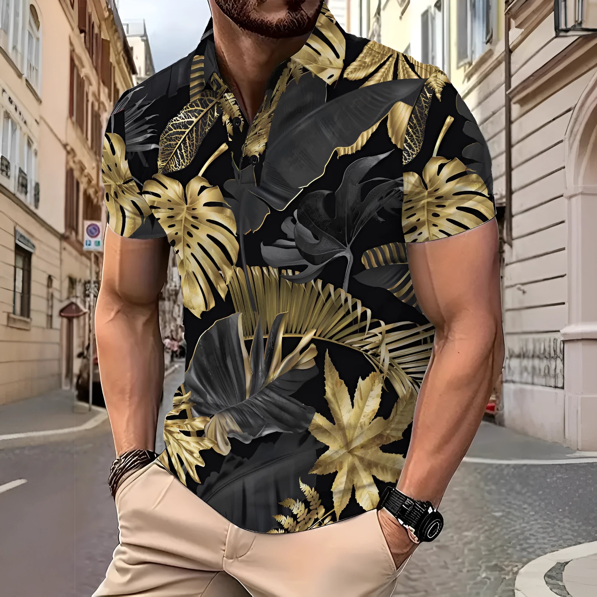 Men's gold tropical plant pattern printed short sleeve shirt