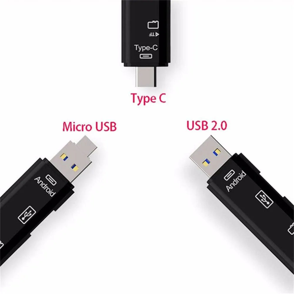 Black and white USB Type-C to Micro USB OTG hub adapter with TF card reader slot