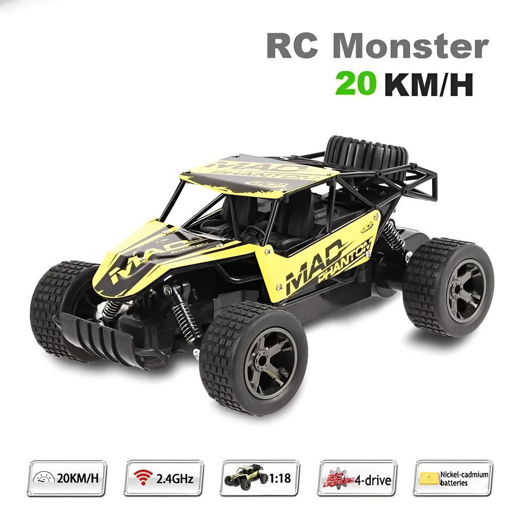 Blue and yellow 1:18 scale remote control drift car with 2.4G remote on a surface