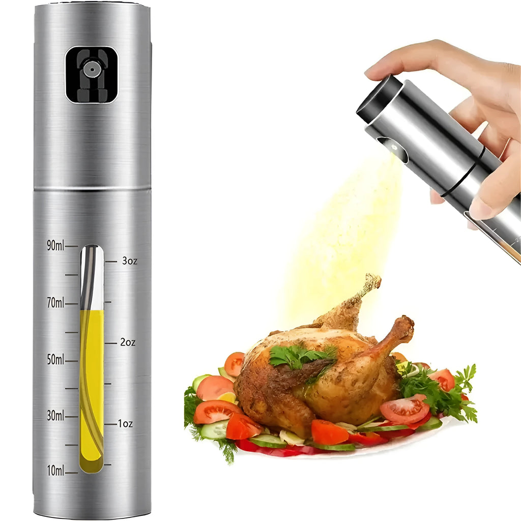 Stainless steel press type oil spray bottle with 100ml glass body and visual scale