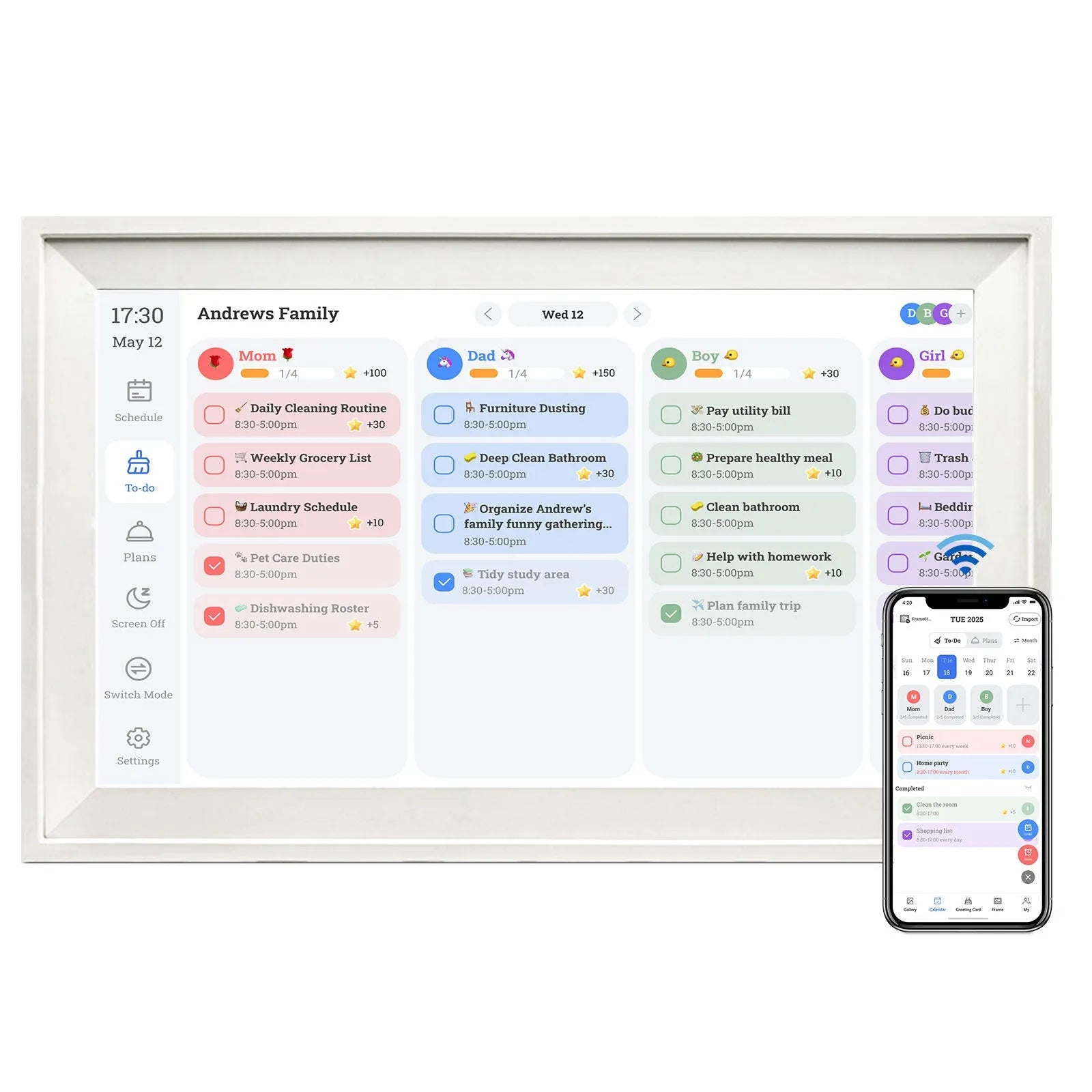 White 15.6-inch smart digital photo frame with mobile app control on tabletop