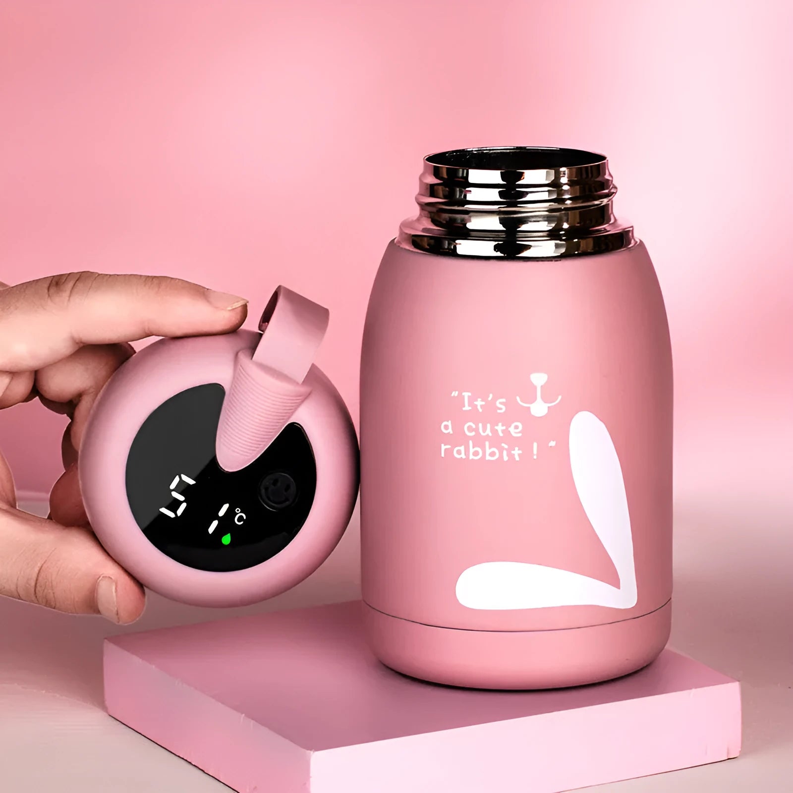 Intelligent thermos bottle with temperature display, 304 stainless steel, sliding lid, and insulated handle, 350ml, pink smart style