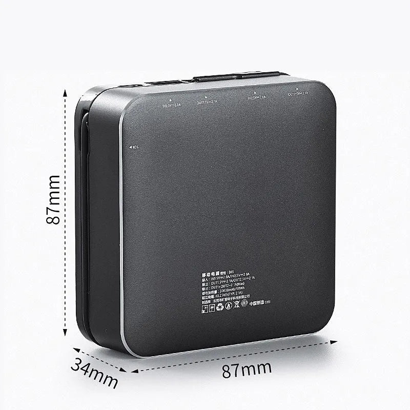 Mini 20000mAh black power bank with integrated cable and LCD screen display on a white background