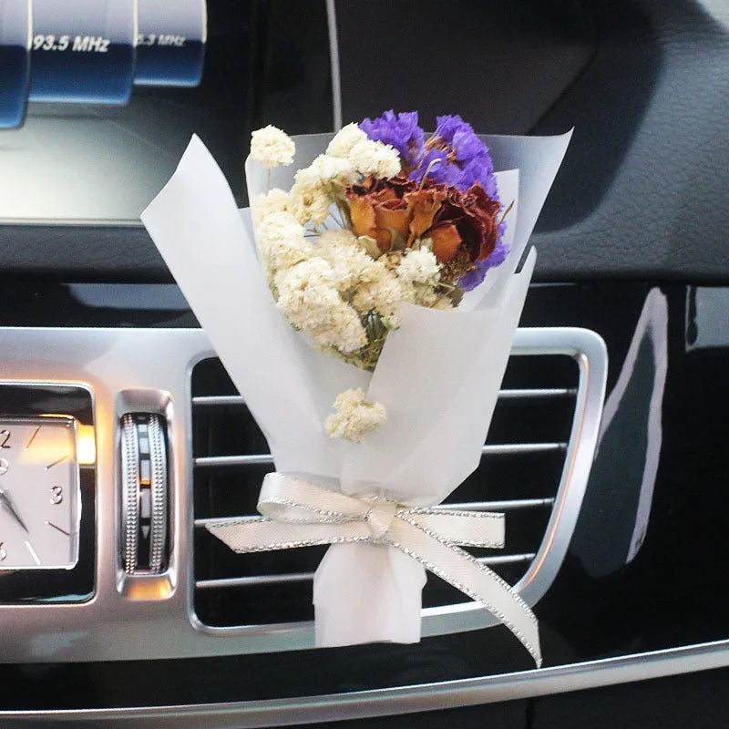 Car vent mounted dried flower bouquet decorative accessory in various floral styles
