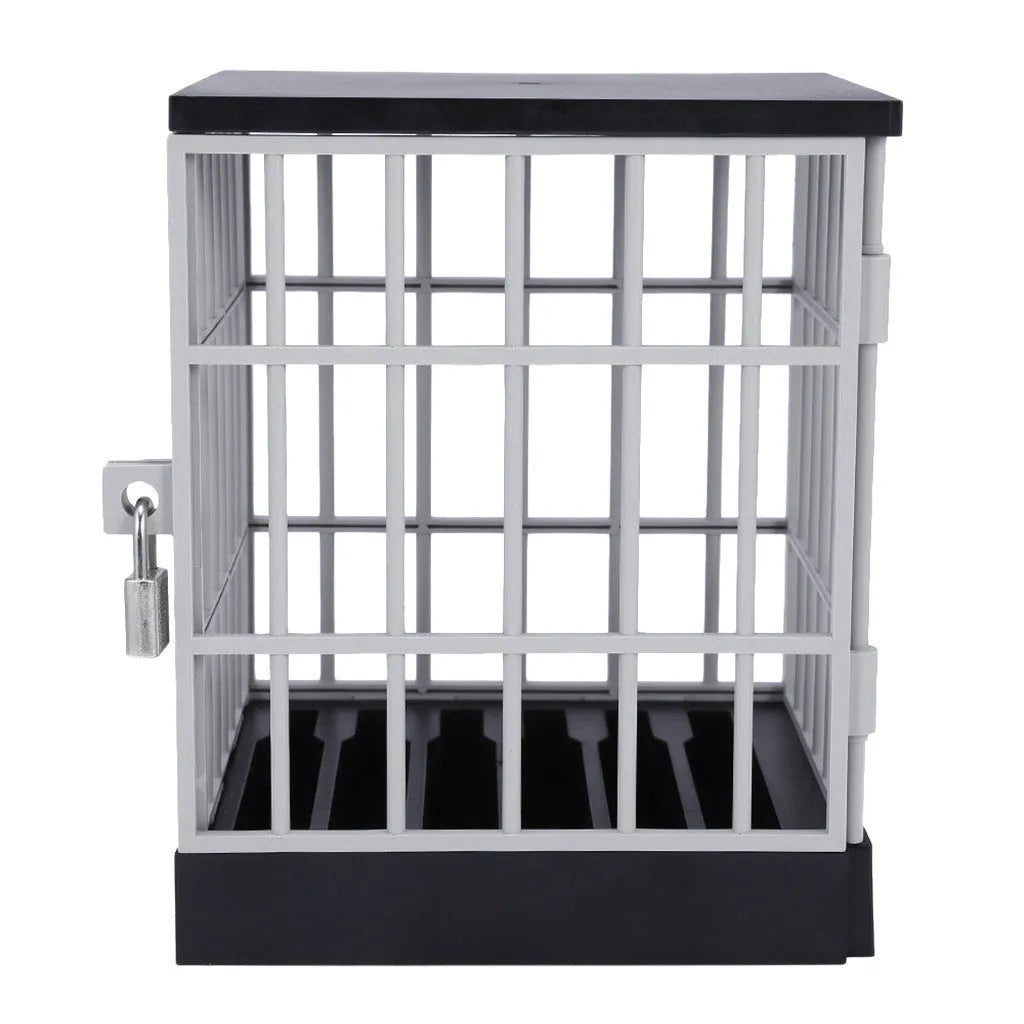 Grey plastic phone storage cage with six grooves and padlocks for locking mobile devices