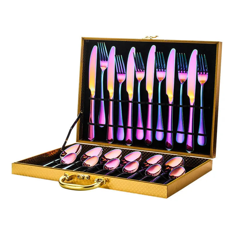 24 piece stainless steel cutlery set showing knives, forks and spoons in various colour finishes with one-piece moulding construction